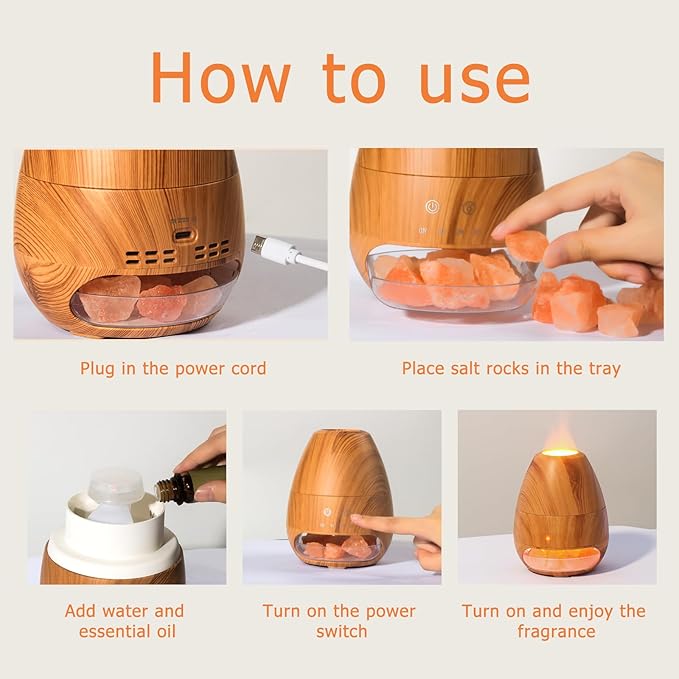 Ultrasonic Essential Oil Diffuser with Himalayan Salt Rock,Flame Diffuser with 2 Color Light,Small Aromatherapy Oil Diffuser with Auto Off Function for Home, Office,Spa,100ML,Wooden Grain