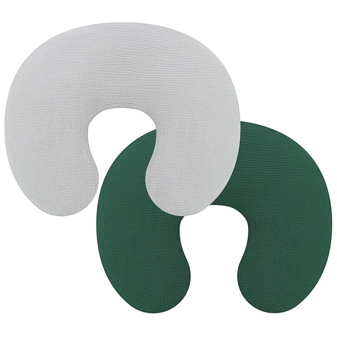 Pro Goleem Muslin Nursing Pillow Cover, 100% Cotton Soft Breathable Feeding Pillow Slipcover for Breastfeeding Moms, Fits Standard Infant Nursing Pillow, for Boys and Girls, 2 Pack (Grey＆Green)