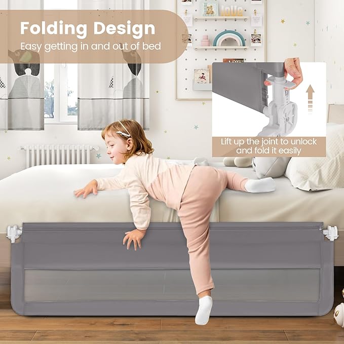 HONEY JOY Bed Rail for Toddlers, 71-in Extra Long, Portable Safety Bed Guardrail w/Double Safety Child Lock, Foldable Baby Bed Rail Guard, Fit King & Queen Full Twin Size Bed Mattress(Gray, Pack 1)