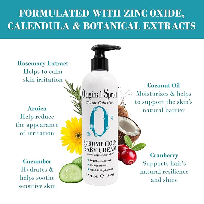 Original Sprout Scrumptious Baby Cream, Gentle Moisturizing Cream for Dry, Sensitive Skin & Diaper Rash, Non-Greasy Baby Lotion with Zinc Oxide & Calendula for Face & Body, 12 fl oz