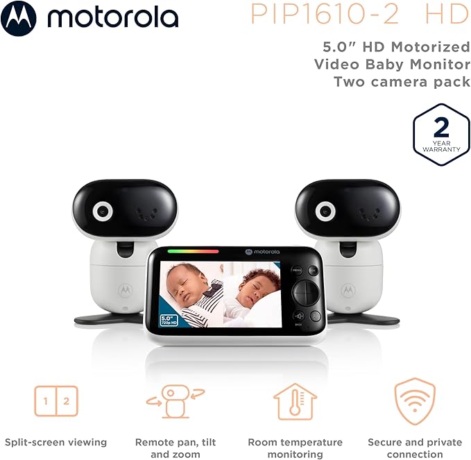 Motorola Nursery Video Baby Monitor with 2 Cameras, 5" Screen HD PIP1610, No WiFi, Wall Mount, Long Range, 2-Way Audio, Temperature Sensor, Motorized, Lullabies, PIP1610-2