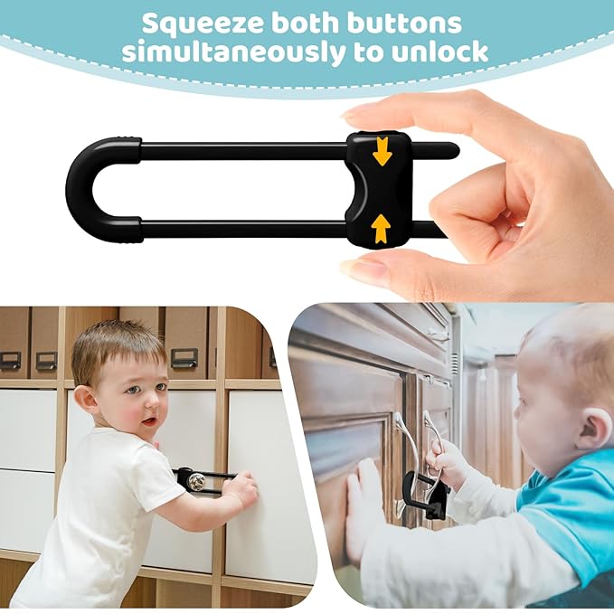 Baby Proofing Cabinets, Sliding Cabinet Locks for Babies, Adjustable U Shaped Baby Safety Locks, Childproof Cabinet Latch for Kitchen, Bathroom, Drawer, Cupboard Doors Knobs & Handles (6 Pack Black)
