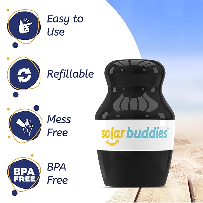 Solar Buddies Sunscreen Applicator - Single Black - Refillable Roll on Sponge Sunscreen, Suncream & Lotion Applicator For Kids, Adults & Families - Holds 3.4fl oz, Perfect Size for Travel