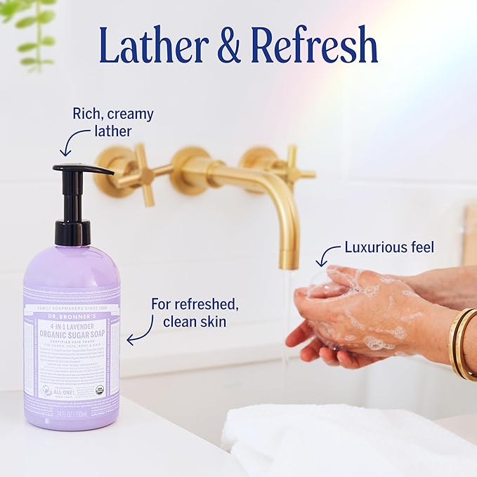Dr. Bronner's Organic Sugar Soap (Lavender, 64 Ounce)- Made with Organic Oils, Sugar & Shikakai Powder, 4-in-1 Uses: Hand and Body Wash, Face, Hair- Cleanses, Moisturizes, Nourishes, Vegan