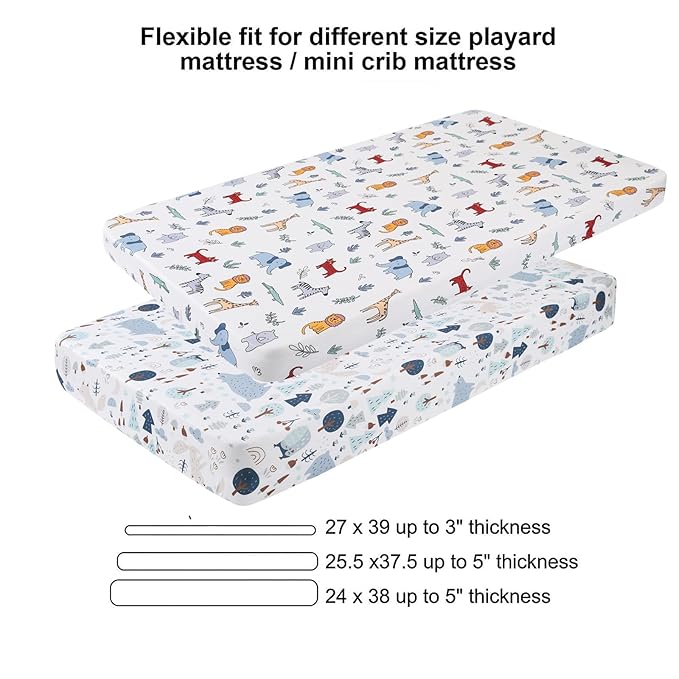 Onacosht Pack and Play Sheets 3 Pack for Baby Boy, Stretchy Jersey Knitted Portable Mini Crib Sheets Playard Mattress Cover, Woodland Animal Elephant Fox Lion Bear Giraffe Zebra Printing