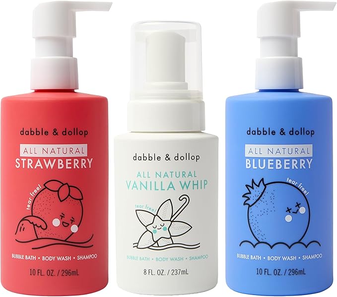 Dabble & Dollop USA Bundle, 3-in-1 Natural Bubble Bath, Body Wash & Shampoo for Kids, Paraben & Sulfate Free, Vegan, Tear-Free, Strawberry, Vanilla & Blueberry (Set of 3)