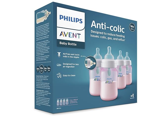 Philips Avent Anti-Colic Baby Bottle with AirFree Vent, 9oz, with Flow 2 Nipples, 1m+, 4pk, Pink, SCY703/14