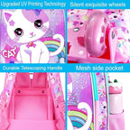 Girls Rolling Backpack, Cute Cat Roller Wheels Kids Bookbag - Wheeled Elementary School Bag - 3PCS Cat