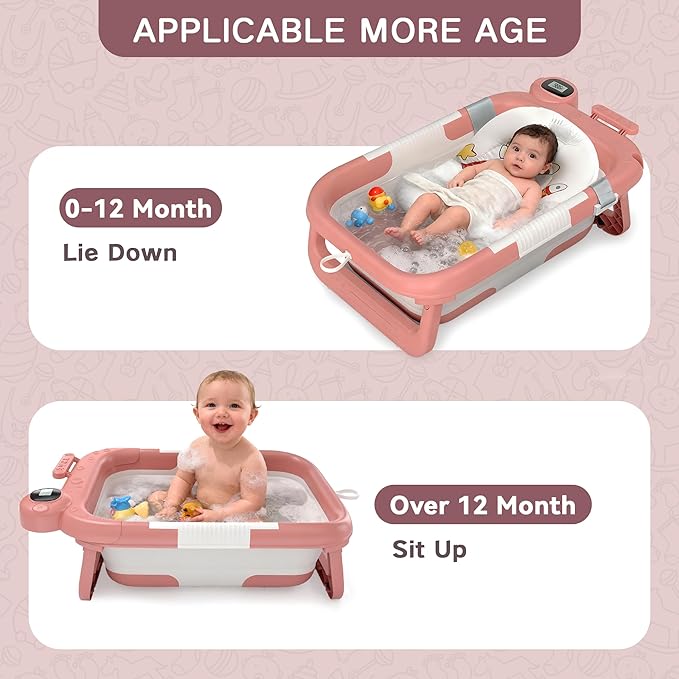 Collapsible Baby Bathtub for Newborn to Toddler (0-24 Months), Portable Baby Bath Tub for Travel, Newborn Bathtub with Soft and Supportive Cushion (Astronaut-Pink)