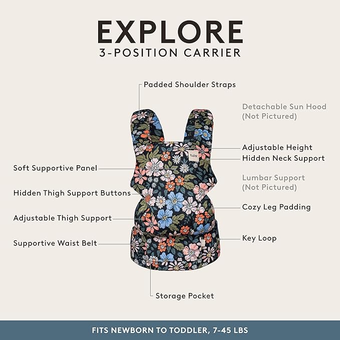 Baby Tula Explore Carriers - Breathable Baby Carrier Newborn to Toddler - Adjustable Toddler Carrier - Multiple Ergonomic Positions Front and Back - Ergonomic Fit for 7-45 lb - Mesh, Olivia
