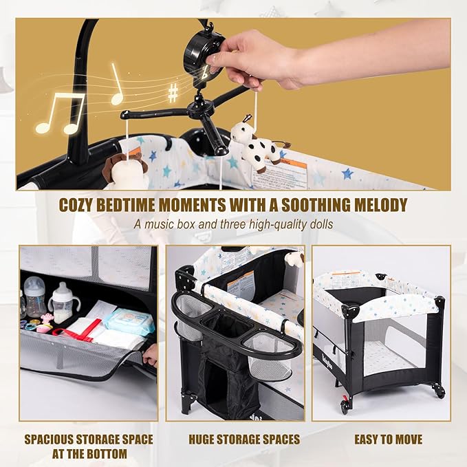 4 in 1 Height Adjustable Baby Playard, Foldable Nursery Center with Music Box Toy Rack, Side Storage, Changing Table, Large Portable Playpen for Newborns and Toddlers