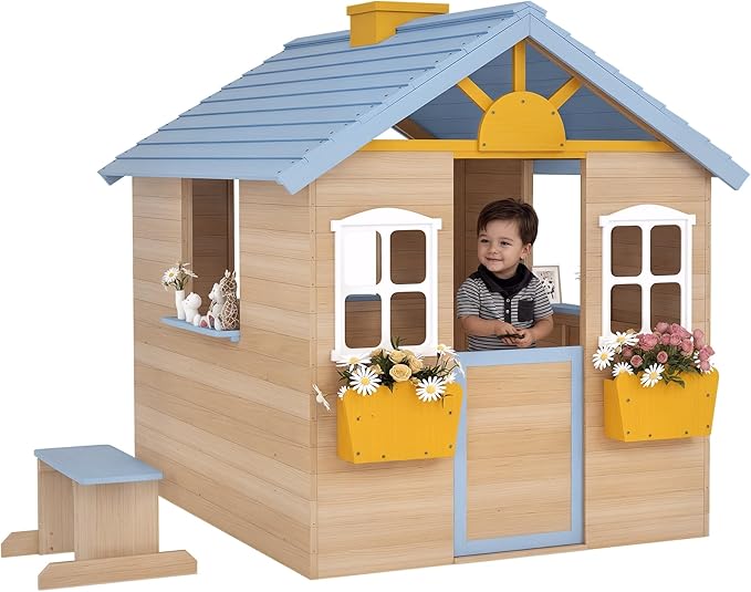 Outsunny Wooden Playhouse for Kids Outdoor Garden Pretend Play Games, Adventures Cottage, with Working Door, Windows, Bench, Service Station, Flowers Pot Holder, for 3-7 Years Old, Blue