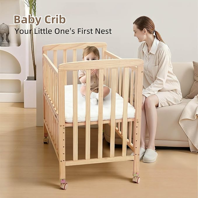 Baby Bassinets Bedside Sleeper - Portable Pine Wood Bedside Bassinet,6 Heights Small Mini Crib with Mattress,Space-Saving Design Baby Crib for Newborns 0-12 Months,Unpainted