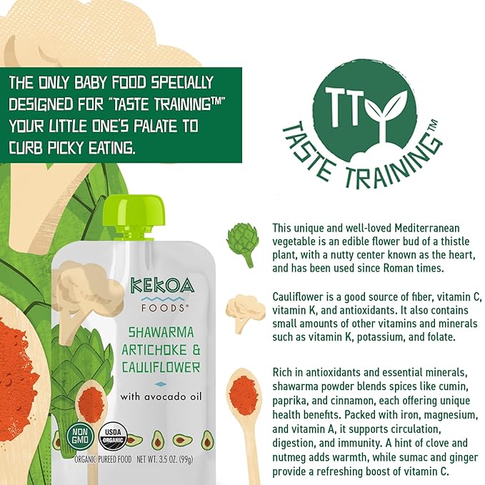 Kekoa Foods Shawarma, Artichoke & Cauliflower Baby Food Purée | 100% USDA Certified-Organic Vegetarian | Organic, Non-GMO, Gluten-Free, Vegan | Flavorful & Nutritious First Food for Babies | 3.5 oz