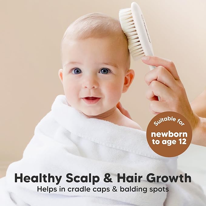 Wooden Baby Hair Brush - Cradle Cap Baby Brush with Soft Goat Bristles, Perfect Gentle Scalp Newborn Comb for Infant, Girls, Boys, Bath Essentials (Vanilla, Oval)