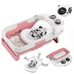 Collapsible Baby Bathtub for Newborn to Toddler (0-24 Months), Portable Baby Bath Tub for Travel, Newborn Bathtub with Soft and Supportive Cushion (Panda-Pink)