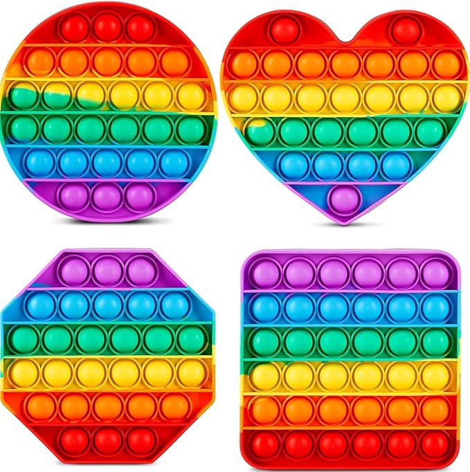 Multipurpose 4 Pack Rainbow Pop it Fidget Toy, Bubble Sensory Toy for Kids and Adults, Stress Reliever, 4 Shapes Poppers-Heart, Circle, Octagon, Square Pressure Relieving