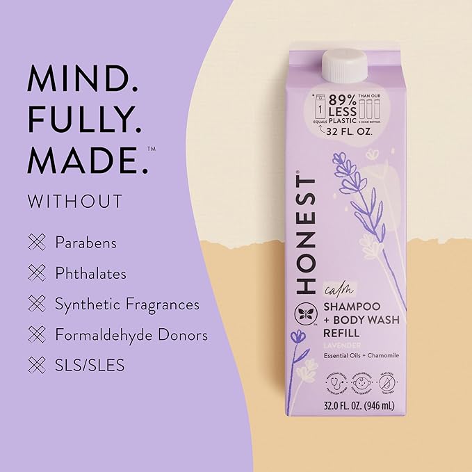 The Honest Company 2-in-1 Cleansing Shampoo Body Wash Refill Carton Gentle for Baby Naturally Derived Tear-free Hypoallergenic Lavender Calm 32 fl oz