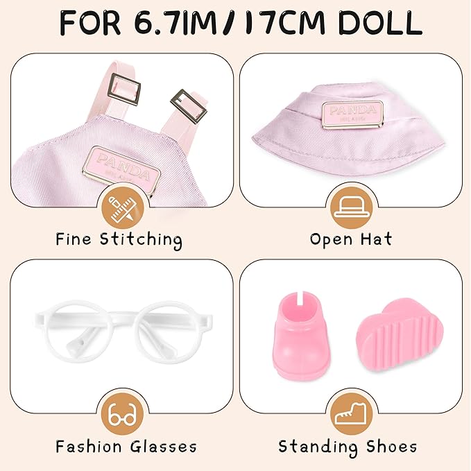 6.7in/17cm Doll Clothes Set, 4 PCS Fashion Outfit Includes Hat, Bib Pants, Glasses, Shoes, Cute Collectible Doll Accessories Unique Style (Pink)