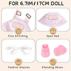 6.7in/17cm Doll Clothes Set, 4 PCS Fashion Outfit Includes Hat, Bib Pants, Glasses, Shoes, Cute Collectible Doll Accessories Unique Style (Pink)