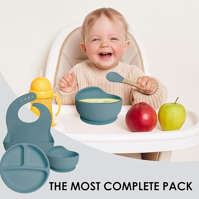 Bluet B- Silicone Baby Feeding Set - Baby Led Weaning Supplies - Baby Spoons, Suction Bowl - Plate - Baby Utensils - Silicone Feeding Set for Baby First Foods, Infant Eating - 8pcs - Blue