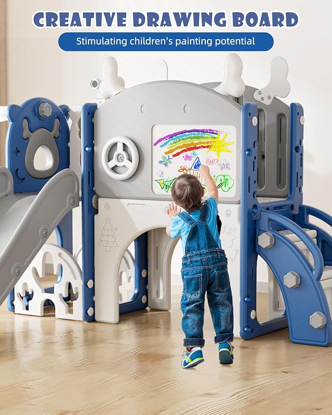 YUFU 12 in 1 Kids Slide for Toddlers, Toddler Slide Playset with Golf, Drawing Board, Climber, Basketball Hoop and Storage Space, Indoor Outdoor Toddler Playground for Kids Age 1-3 (Blue)