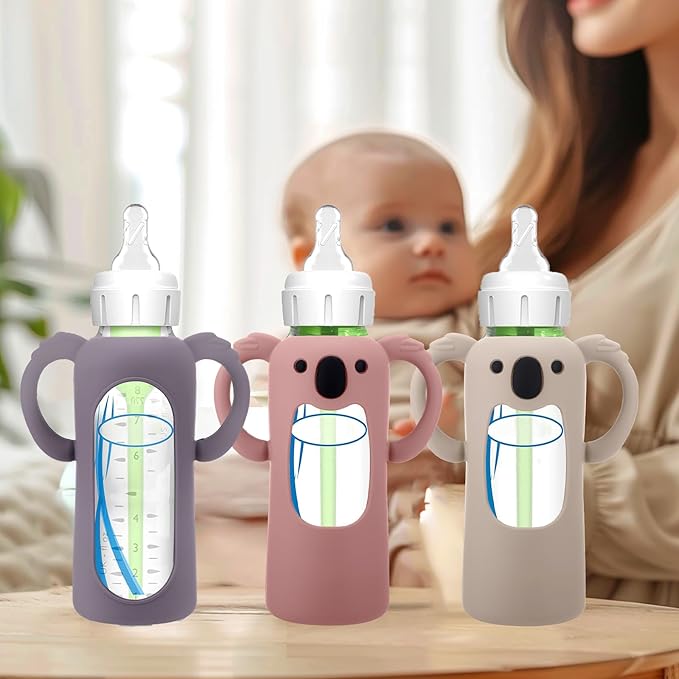 BUSOHA 3 Pack Koalas Silicone Sleeves for Dr. Brown's Glass Baby Bottles - Drop Protection Baby Bottle Sleeves Compatible with Dr Brown Newborn Glass Bottles with Silicone Handles,8 oz