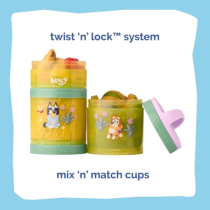 Whiskware Bluey Stackable Snack Containers for Babies, Toddlers, and Kids, Durable Food Storage Containers for Daycare, Car, and Airplane Travel, Formula Friendly, Bluey and Bingo (Pack of 2)