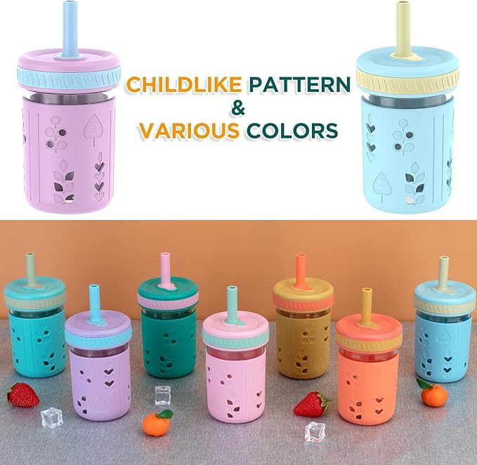 Tronco 8 oz Glass Sippy Cup for Toddlers, Kids Mason Jar Smoothie Cup with Silicone Sleeves & Spill Resistant Flexible Straw, Snack Cup, BPA-Free, Dishwasher Safe