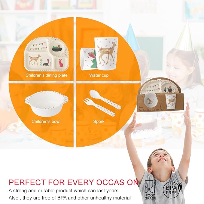 Kids Feeding Set 5 Pcs, Tableware Set for Toddlers Includes Plate Bowl Cup Fork and Spoon Utensil Flatware, Kids Flatware Set Dishwasher Safe, BPA Free (Giraffe)