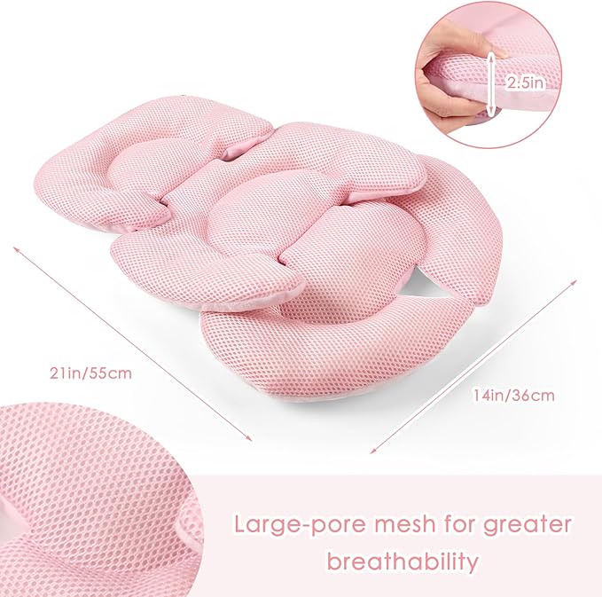 Infant Car Seat Insert for Newborn Girls Boys, Summer Mesh Baby Carseat Head Support with Strap Pads, Soft Reversible Baby Car Seat Insert Cushion Pad for Car Seat, Stroller, Bouncer, Swing, Pink