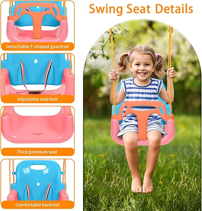 4 in 1 Toddler Swing Set & Baby Jumper, Heavy Duty Kids Swing with Bouncer, Foldable Metal Stand for Indoor & Outdoor, Easy Install & Store (Blue Pink)