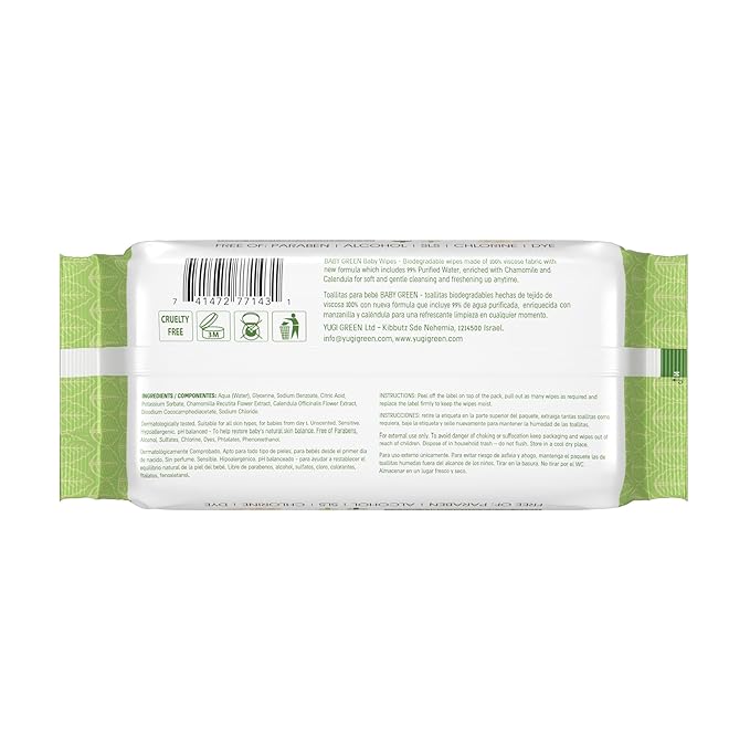 Yugi Green Baby Wipes – Unscented, Compostable, Biodegradable, Plant-Based, Fragrance-Free, for Sensitive Skin & Babies – 1 Pack of 72 (72Count)