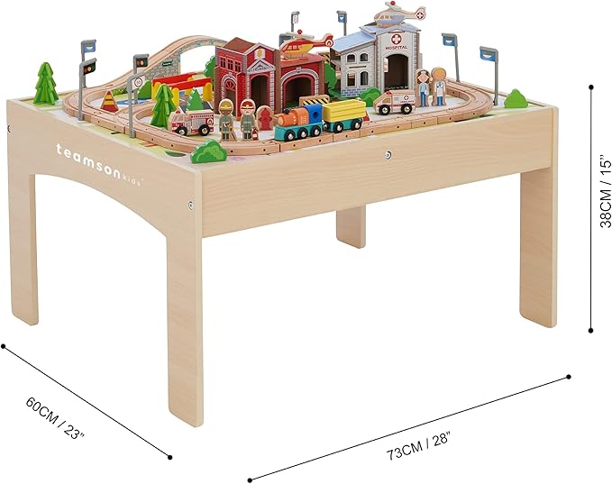 Teamson Kids Train Table Set with 85 Pieces, Preschool Play Lab Activity Table with Wooden Trains, Cars, Railroad, Town Scenery, & More for Kids & Toddlers, Wood Color