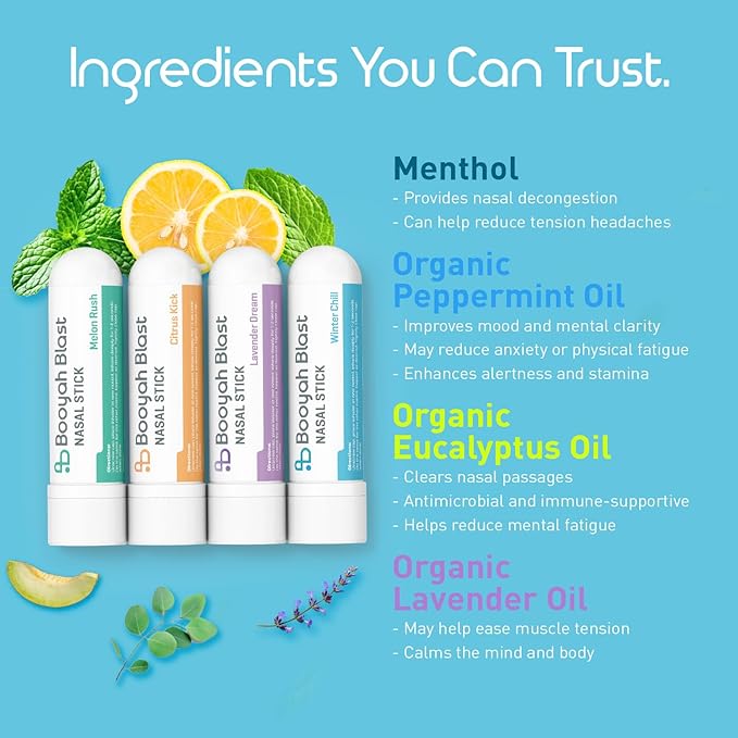 Nasal Sticks, Natural Sinus Inhaler Stick, Menthol Inhaler, Nasal Inhaler Stick 4PK (Winter Chill, Citrus Kick, Lavender Dream, Melon Rush)