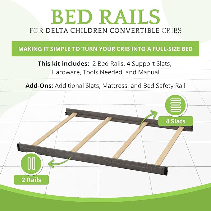 Full-Size Conversion Kit Bed Rails Compatible with Delta Children Convertible Cribs - Solid Wood Rail #0050 - Toddler & Adult Bed Rail for Full-Size Beds - Baby Furniture (Rustic Grey - 084)