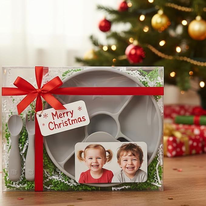 TalkTools Bitsy Silicone Baby Suction Plate with Locking Lid – Divided Plate for Toddlers Learning to Self-Feed – Non-Slip, BPA-Free, Microwave + Dishwasher Safe Baby Mealtime Plate(Cloud).