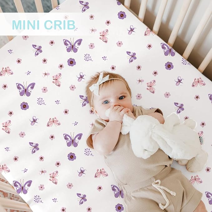 bimocosy Mini Crib Sheets,Pack and Play Sheets for Baby Girl Boy 4 Pack,Size 38"x 26" for Playard Mattress,Portable Mini Crib,Soft Pack N Play Sheets Fitted,Butterfly/Floral/Pink/Purple
