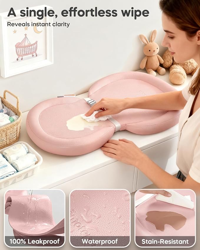 Baby Changing Pad with Waterproof & Wipe-Clean, Non-Slip Foldable PU Diaper Changing Pad, Adjustable Safety Belt, Changing Pad for Dresser, Changing Table,30"X19",Pink