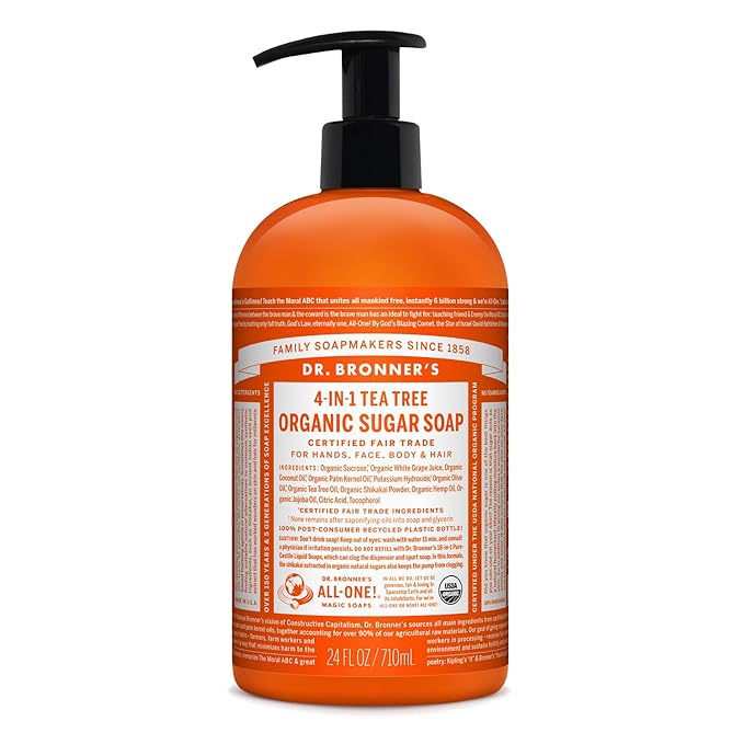 Dr. Bronner's - Organic Sugar Soap (Tea Tree, 24 Ounce) - Made with Organic Oils, Sugar and Shikakai Powder, 4-in-1 Uses: Hands, Body, Face and Hair, Cleanses, Moisturizes and Nourishes, Vegan