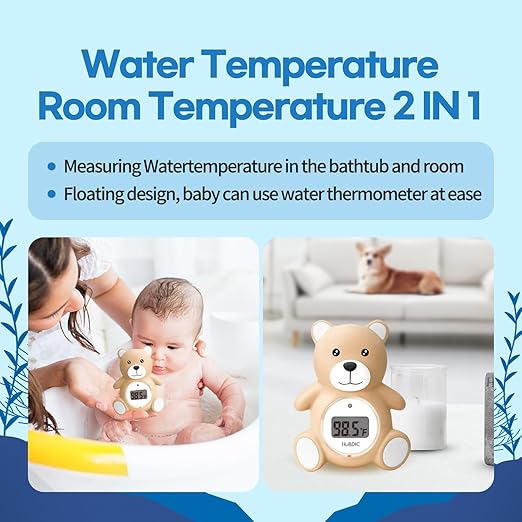 HubiBaby Baby Bath Thermometer & Digital Room Temperature, 2in1 Kids Bathroom Safety Products with Temperature Warning, Floating Teddy Bear (Khaki)