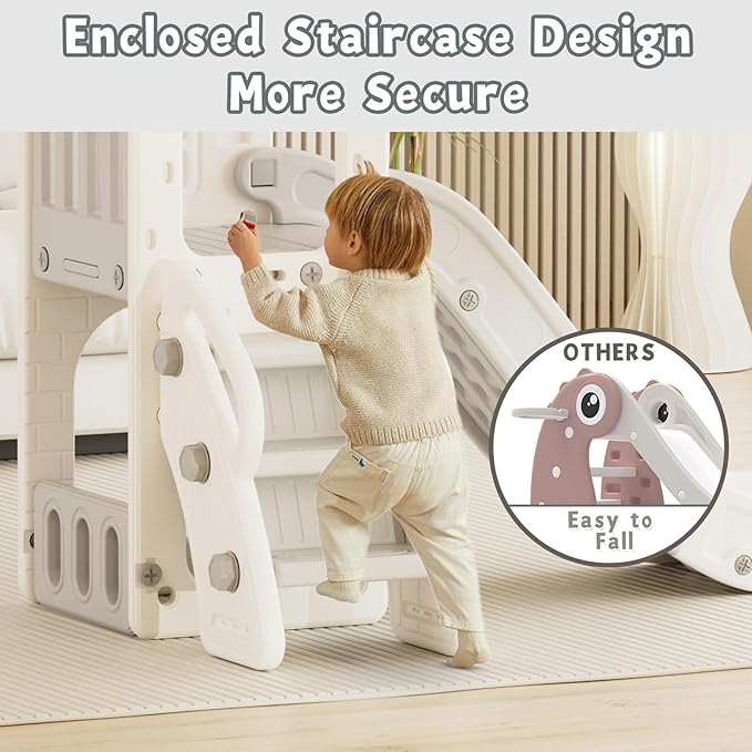 XJD 5 in 1 Toddler Slide, Kids Slide for Toddlers Age 1-3, Outdoor Indoor Playset for Toddlers with Basketball Hoop and Ball, Storage Space and Non-Slip Steps Telescope (Gley)