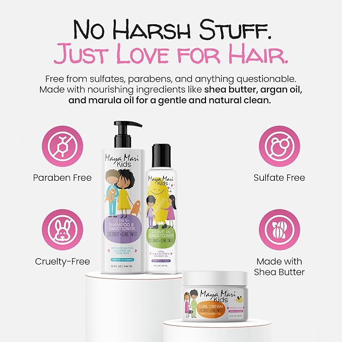 Kids Curly Hair Gift Set | 2-in-1 Kids Shampoo & Conditioner, Curl Cream, & Leave-In Conditioner | Shea Butter, Tear-Free, Frizz Control, & Sulfate-Free, 32 Fl Oz