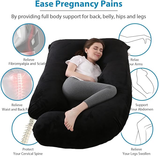 Pregnancy Pillow J-Shaped Full Body Pillow, 59 inch with Velvet Cover Easy to Remove and Wash, Support Pregnant Women's Backs Legs and HIPS, Improve Sleep,Pregnancy Pillow for Women Black
