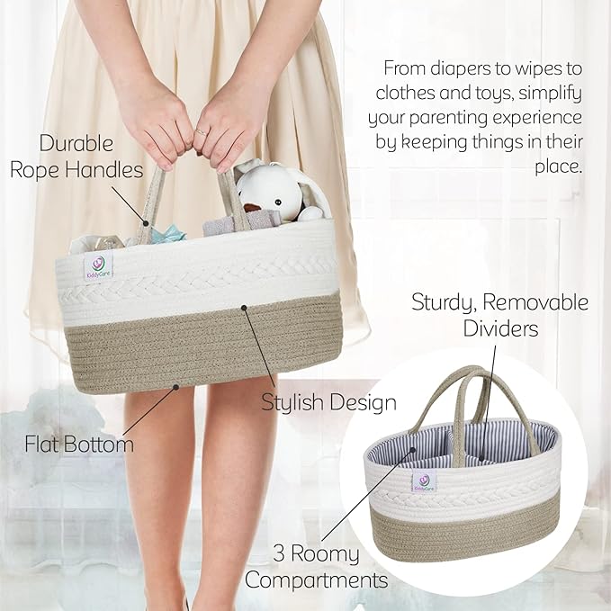 KiddyCare Woven Diaper Caddy Organizer, Large Gray Multi Functional Portable Baby Basket with Handle, Baby Gift for Boy/Girl Nursery Storage, Organization, and Modern Car Diaper Caddy Natural X-Large