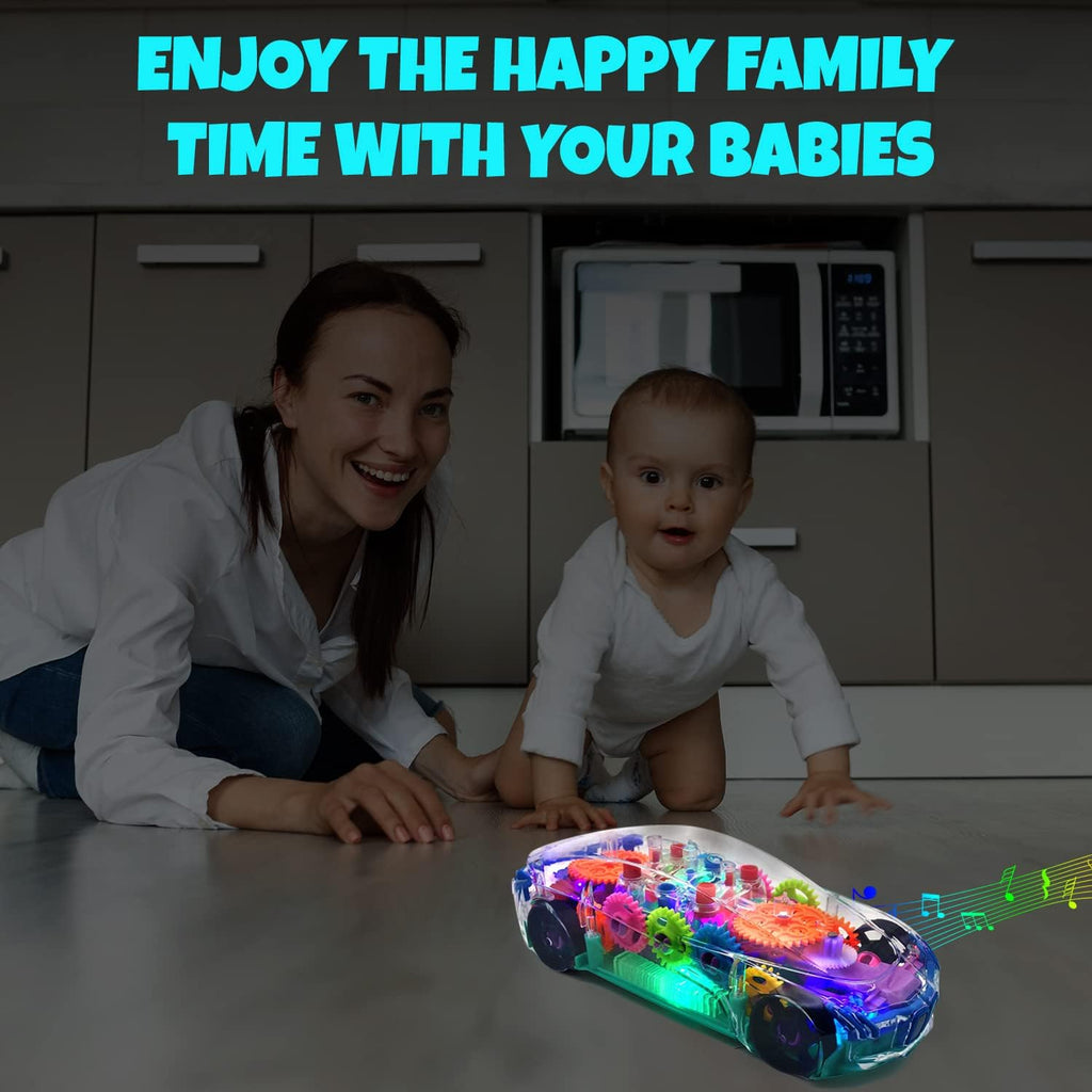 Light Up Transparent Sensory Car - Fun and Interactive Toy for Kids- Music Car with LED Light Up - Colorful Moving Gears -Tummy Time Crawling Baby Toy -Birthday Gift Idea for Boys & Girls