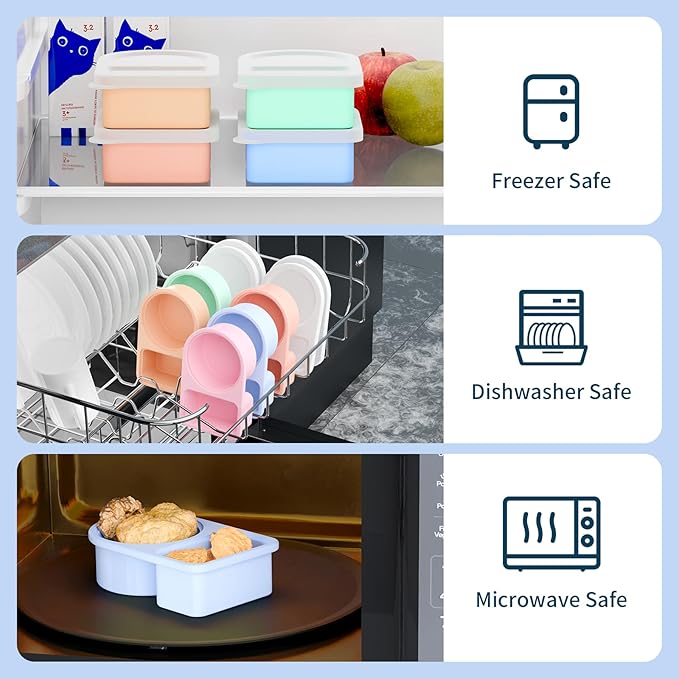 5 Pack Silicone Snack Containers, 2 Compartments Reusable Snackle Box with Lids, 8 oz, Rainbow