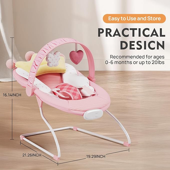 Baby Bouncer, Portable Baby Bouncer with Music, Soothing Vibrations Infant Bouncer Seat for 0-6 Months 6-20 lbs(Pink)