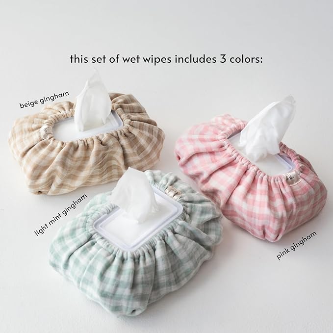 Baby Wipes Cover – Universal Size, One Size Fits All Wipes Packages | Muslin Cotton Tissue Cover for Nursery, Diaper Bag & Changing Table, Station | Gingham & Neutral Patterns (3-Gingham Pink)