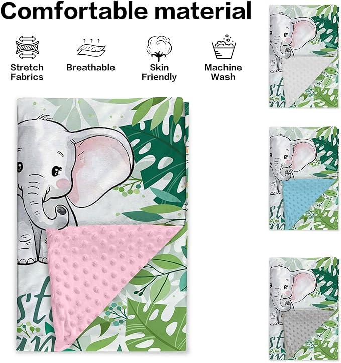 Custom Name Baby Blanket – Plush Flannel with Double-Layer Dotted Backing – Elephant and Green Leaves Theme for Infants and Toddlers